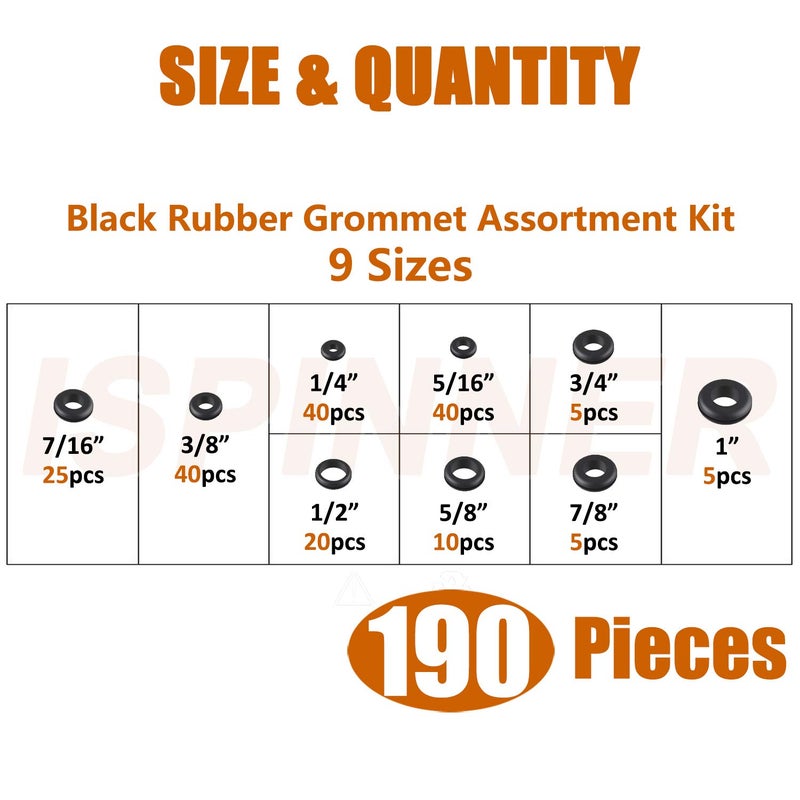 ISPINNER 190pcs Rubber Grommet Assortment Kit, 9 Sizes Eyelet Ring Gasket 1/4" 5/16" 3/8" 7/16" 1/2" 5/8" 3/4" 7/8" 1" (Black) - Image 2